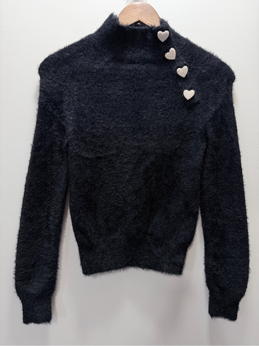 Buffalo David Bitton Black Fuzzy Mock Neck Sweater with Pearl Buttons Size S/P